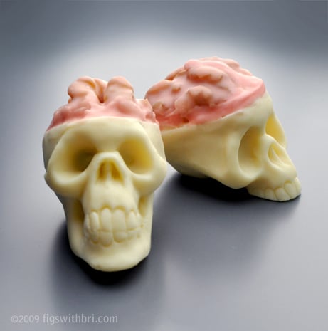 White and bittersweet chocolate truffle skulls with candied walnut brains