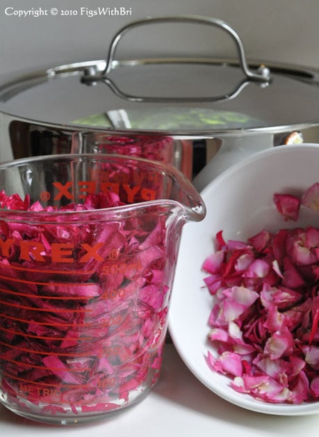 Rose petals, trimmed & cut before making rose petal jam