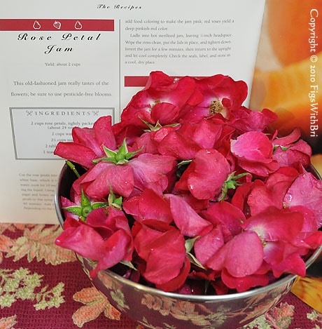 'Eva' hybrid musk roses gathered from the garden for rose petal jam
