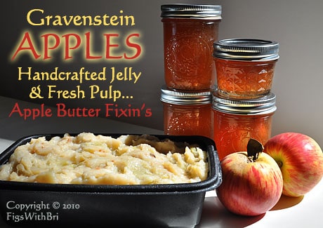 finished apple jelly, gravenstein apples, and apple pulp saved for apple butter