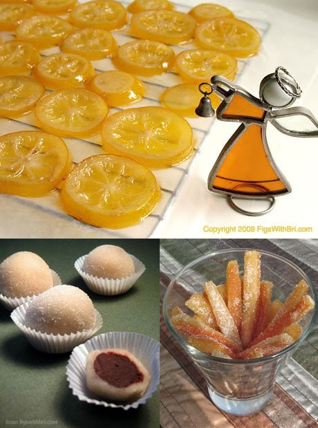 photos of holiday treats: candied lemon slices, orange rinds, and marzipan covered chocolate truffles
