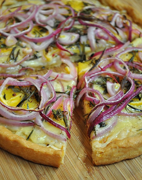 meyer lemon and onion pizza with rosemary and lemon thyme