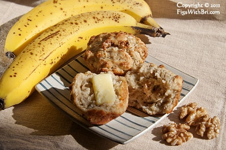 image of bananas, walnuts, and muffins with melting pat of butter from figs_with_bri.com