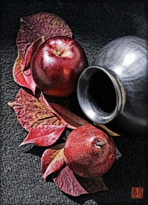 fruit art print 3 red apple and pear with autumn leaves still life