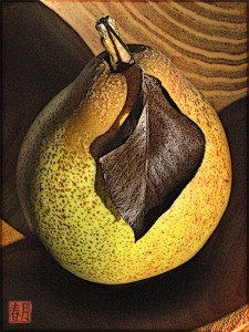 fruit art print seckel pear in wooden bowl